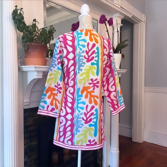 GRETCHEN SCOTT DESIGNS 100% Cotton Multi Color Leaf Print Split Neck Tunic Sz XS - Picture 6 of 12